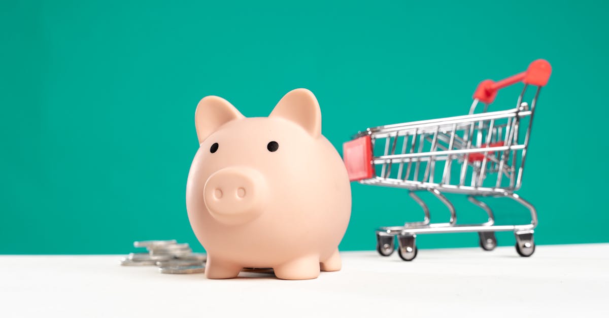 Piggy bank with shopping cart and coins on a white and teal background, symbolizing saving and spending.