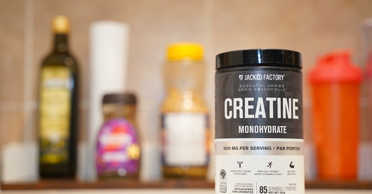 Creatine monohydrate from Jacked Factory displayed on a kitchen counter.