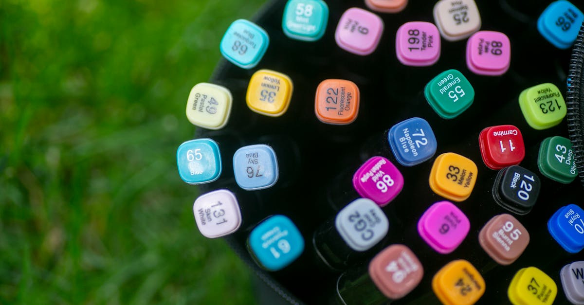 Top view of colorful art markers in a bag placed on grass, showcasing creativity outdoors.