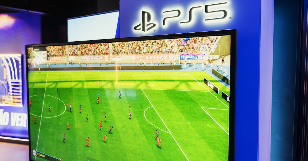 PS5 gaming console showcasing a soccer video game in a retail store setting.