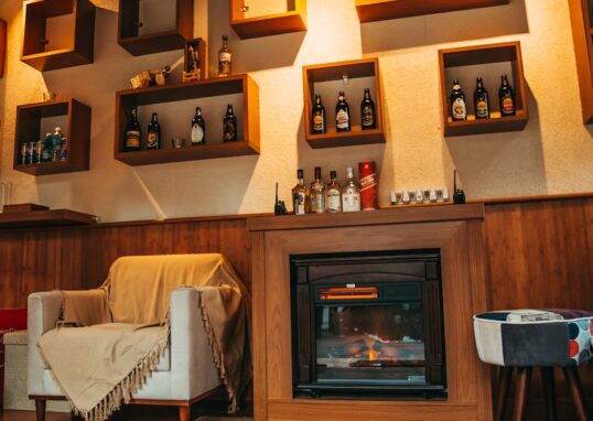 Cozy living room interior with a stylish fireplace and decorative shelving.