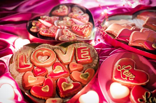 Assorted heart-shaped cookies in decorative boxes, perfect for Valentine's Day gifting.