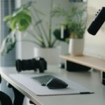 Stylish home office setup with ergonomic chair, plants, and tech accessories creating a modern work environment.